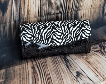 Necessary Clutch Wallet, NCW, Full size, double zipper, Magnetic closure, Zebra, Black, Vinyl