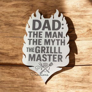 Papa The Grill Master SVG – Forme de flamme en bois découpée au laser – Cadeau barbecue pour la fête des pères – Homme des cavernes ou décoration de patio