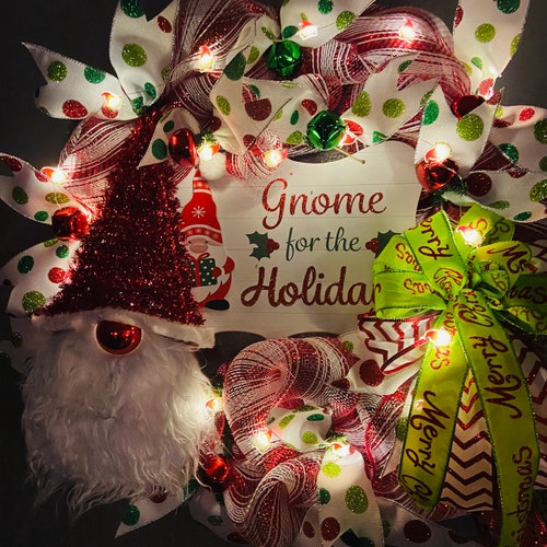 Gnome Christmas Wreath shops with Lights