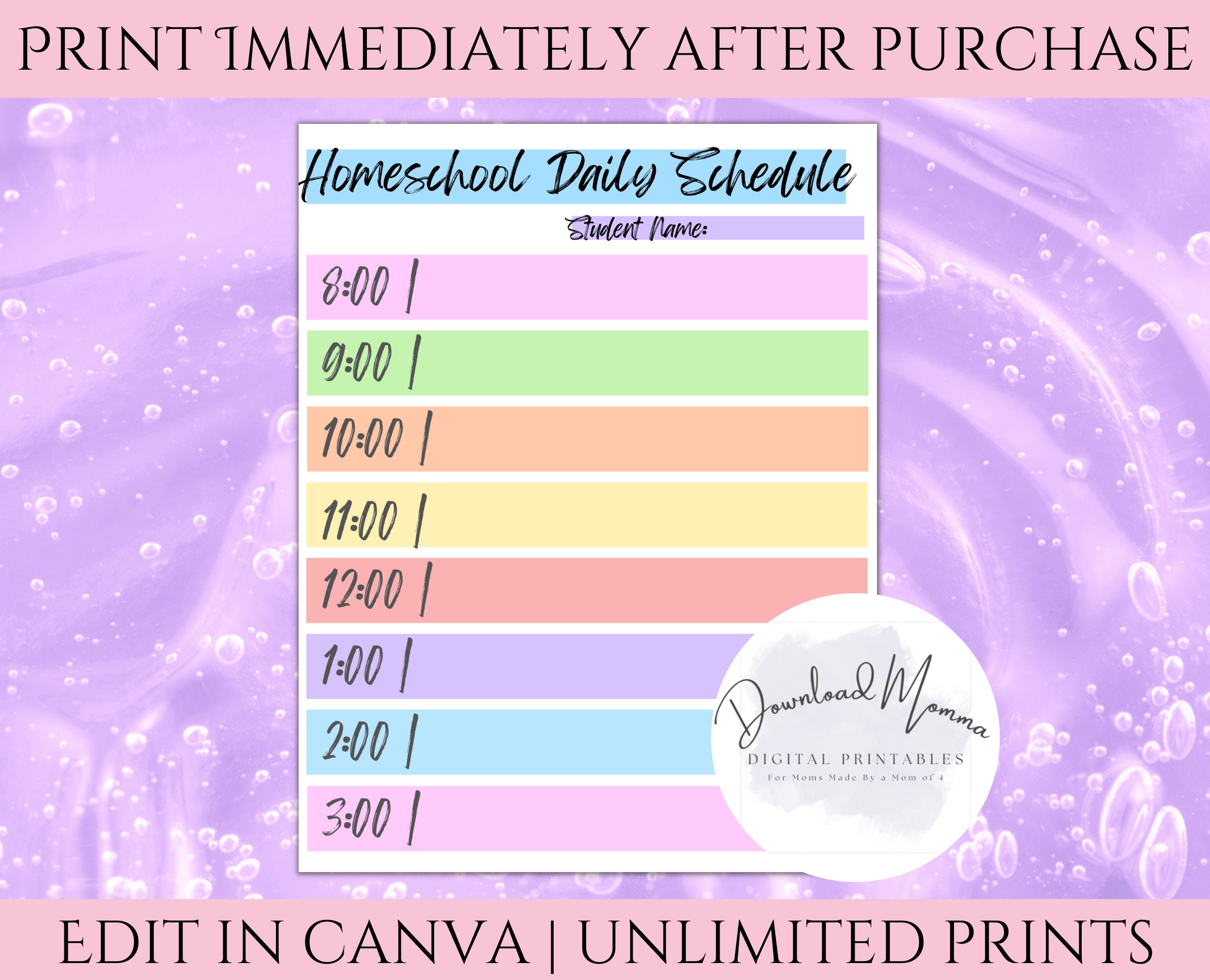 Planner with homeschool subjects and times.