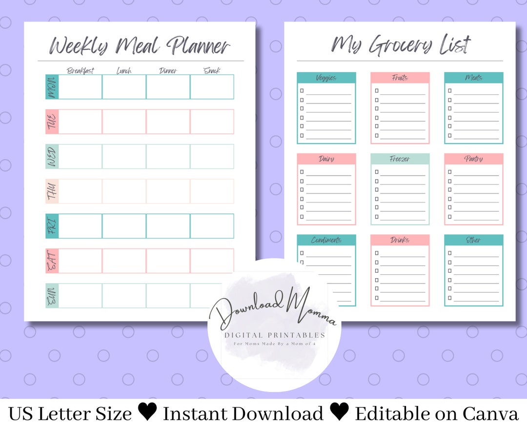Weekly Meal Planner Template | Grocery List | Meal Planner Printable ...