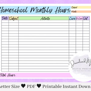 Homeschool Monthly Hours Log Printable | Homeschool Log Template | Homeschool Hours Tracker Download | Homeschool Schedule Binder Planner