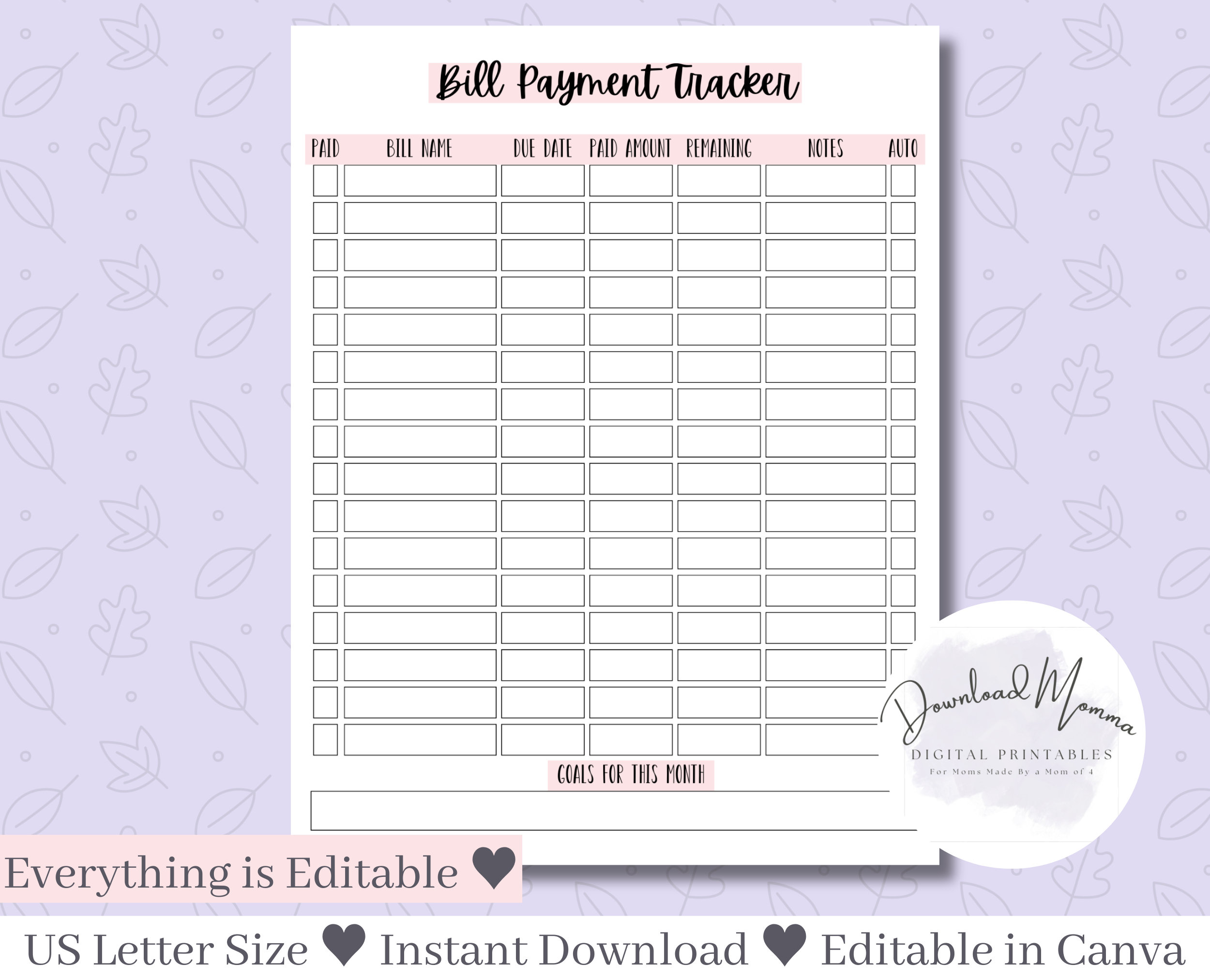 Bill Payment Tracker Printable Bill Tracker Printable Finance Tracker ...