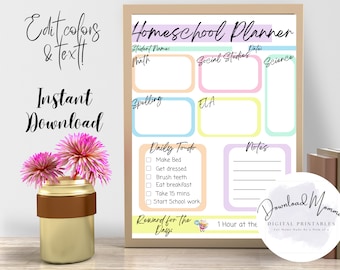 Homeschool Schedule Printable | Homeschool Planner Template | Homeschool Daily Weekly Schedule Kids Editable | Printable Lesson Planner PDF