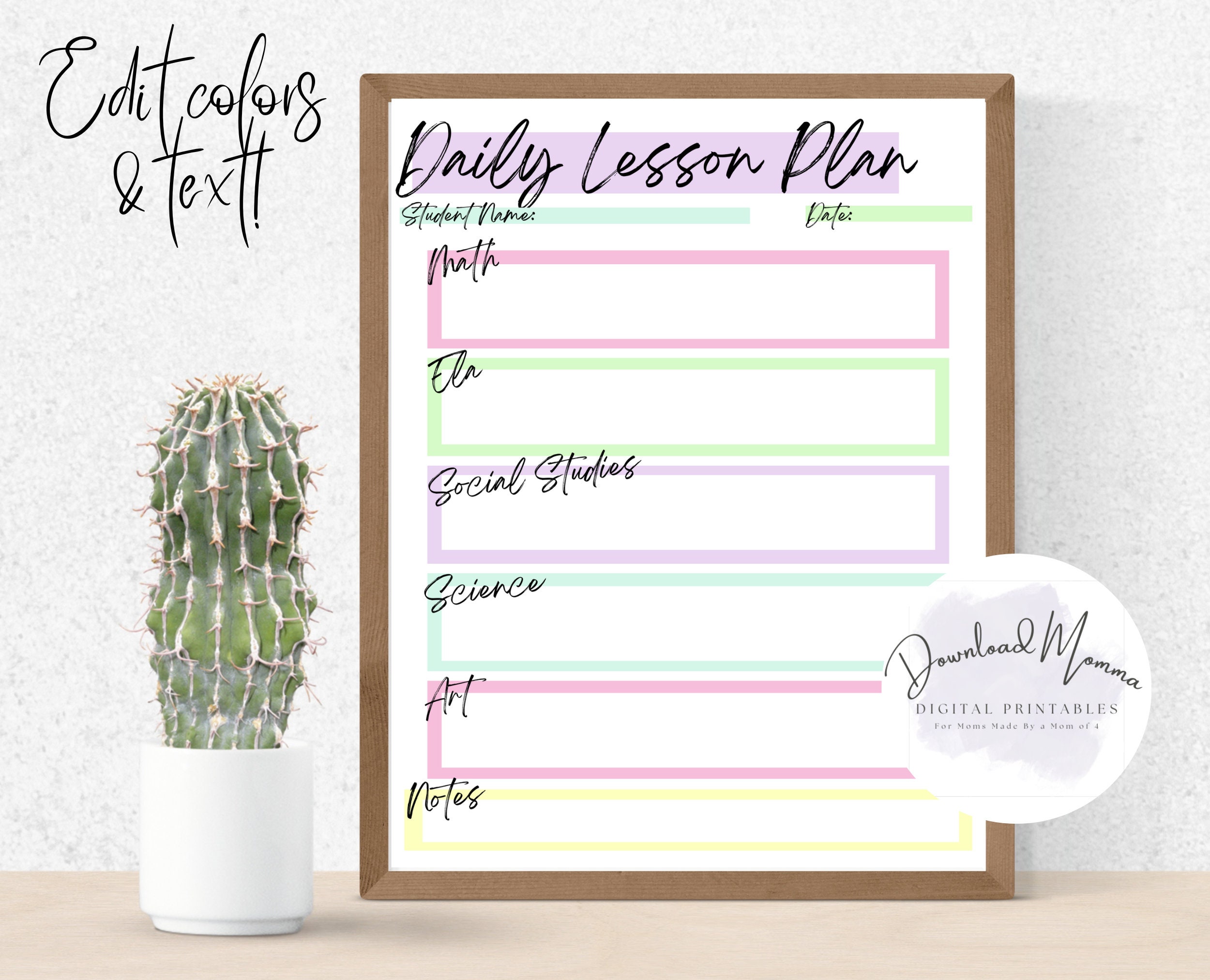 Editable Daily Lesson Plan Template Printable, Homeschool Schedule