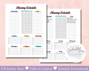 May include: Printable cleaning schedule checklist with a to-do list, daily tasks, and a weekly breakdown. The checklist is divided into sections for Monday, Tuesday, Wednesday, Thursday, Friday, and Weekend. The printable is in US Letter size and can be edited in Canva.