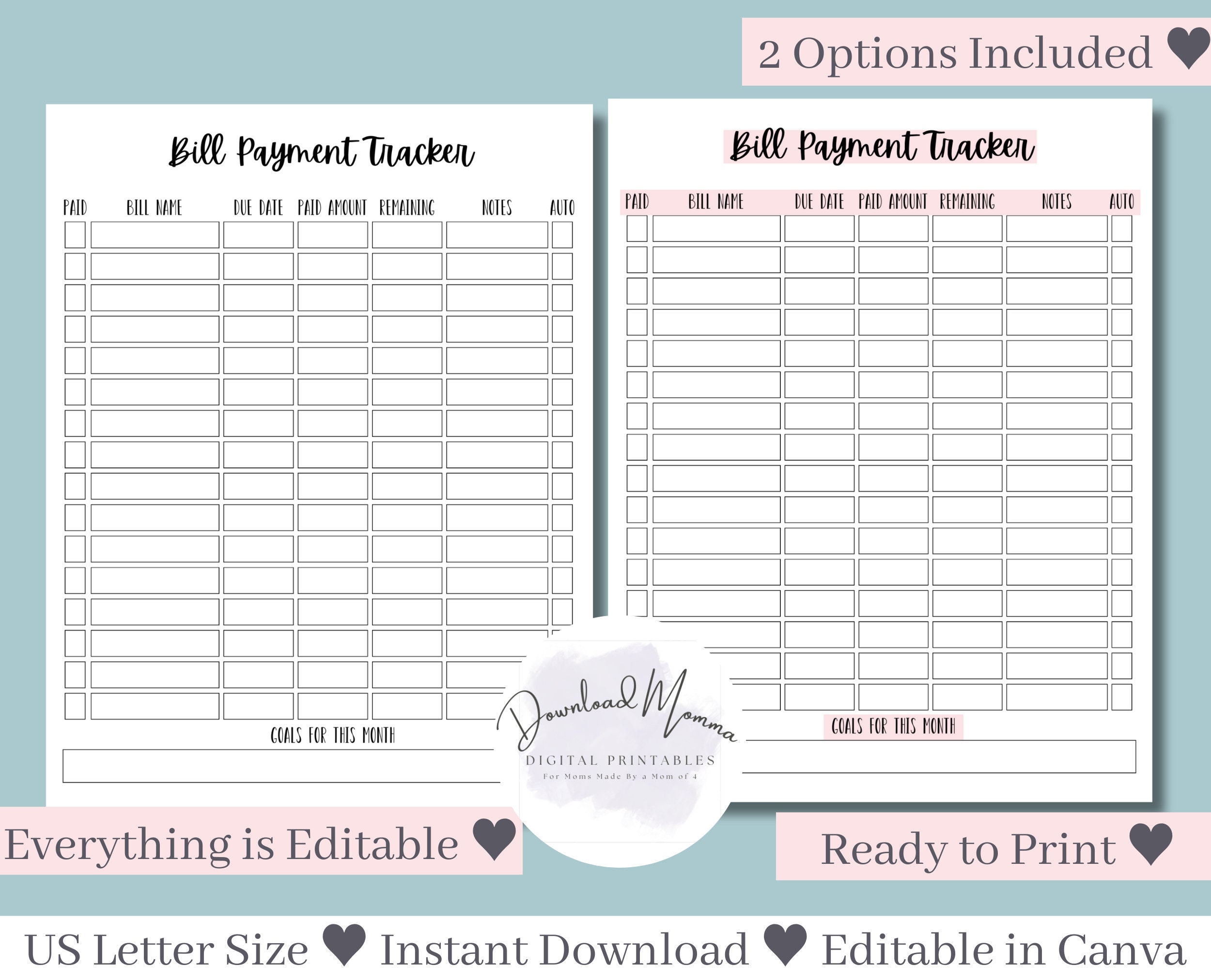 Bill Payment Tracker Printable Bill Tracker Printable Finance Tracker ...