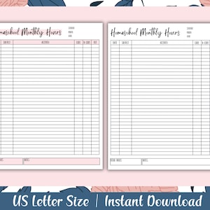 Homeschool Monthly Hours Log Printable | Homeschool Log Template | Homeschool Hours Tracker Download | Homeschool Schedule Binder Planner