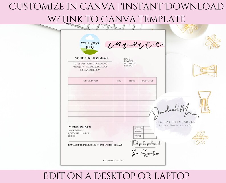 Invoice In Cursive Invoice Template Editable in Canva Printable, Editable Invoice Receipt ...