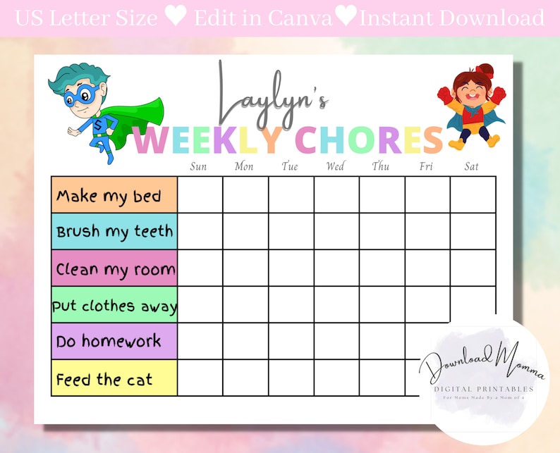 Chore Chart for Kids, Kids Chores, Kids Chore Chart Printable ...