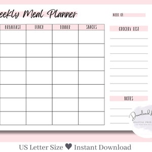 Printable Meal Planner | Menu Planner | Weekly Meal Planner Template | Simple Meal Planner | What&#39;s for Dinner | Weekly Meal Planner Print |