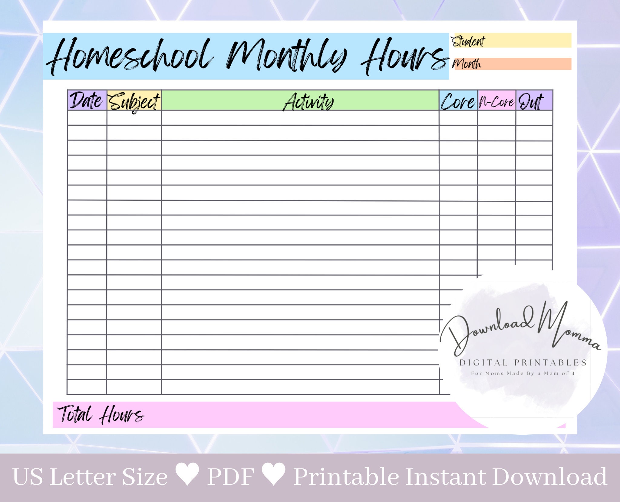 Homeschool Monthly Hours Log Printable Homeschool Log Template ...