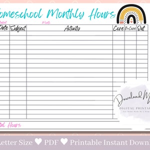 Homeschool Monthly Hours Log Printable | Homeschool Log Template | Homeschool Hours Tracker Download | Homeschool Schedule Binder Planner