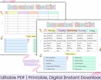 Lista de verificación imprimible editable para la educación en casa / Plantilla de horario para la educación en casa / Horario diario para la educación en casa / Carpeta para la educación en casa / Planificador para la educación en casa