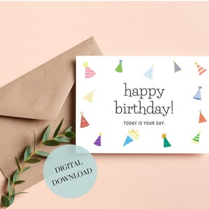 Carte imprimable joyeux anniversaire, carte numérique de chapeaux de fête, imprimable, téléchargement immédiat, 5 x 7 po