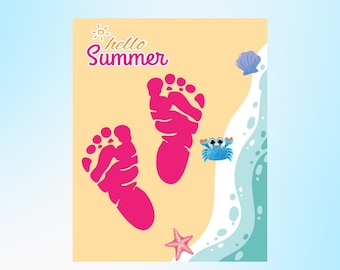 Summer Handprint Footprint Craft, Kids Keepsakes, Printable Handprint Footprint Art, Summer Craft Printable, Kids Artwork Memories