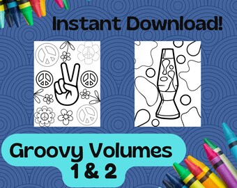 Volumes 1 & 2, Groovy Bundle, 21 Groovy Coloring Pages, Printable Coloring, Kids Coloring, Peace, Love, Retro Groovy Party Favors, 70s Retro