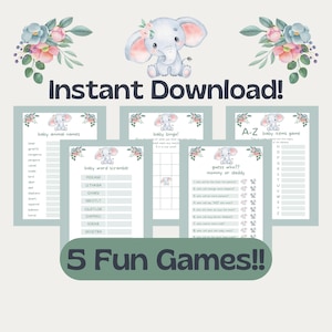 Elephant Baby Shower Games - Word Scramble - Bingo - Guess Who - Baby Items - Baby Animals - Baby Girl Shower