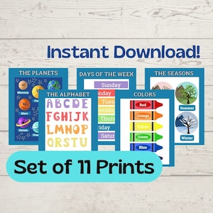 Educational Prints - Set of 11 - Alphabet - Numbers - Colors - Seasons - Planets - Days & Months - Feelings - Shapes - Classroom Printable