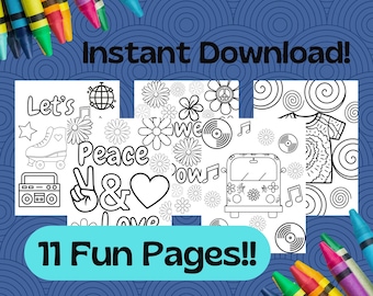 Volume 1! 11 Retro Groovy Coloring Pages, Printable Coloring, Kids Coloring, Peace, Love, Retro Groovy Party Favors, 70s Retro Groovy