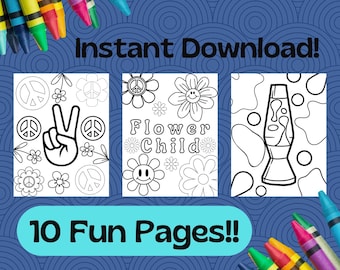 Volume 2! 10 Retro Groovy Coloring Pages, Printable Coloring, Kids Coloring, Peace, Love, Retro Groovy Party Favors - 70s Retro Groovy