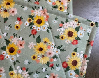 One Set of Gorgeous Sunflowers on Sage Quilted Placemats---Reversible!  Perfect Hostess, Wedding Shower, Mother&#39;s Day or Birthday Gift!