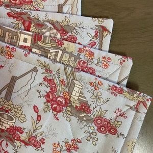 A Set of Blue & Red Chinoiserie Handmade Quilted Placemats-Reversible! Perfect Hostess, Shower, Birthday or Mother's Day gift!