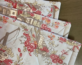 A Set of Blue & Red Chinoiserie Handmade Quilted Placemats-Reversible! Perfect Hostess, Shower, Birthday or Mother&#39;s Day gift!