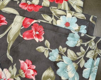 A Set of Beautiful Blue & Coral Floral Quilted Placemats-Reversible!  Perfect Hostess, Wedding Shower or Birthday Gift or Mother&#39;s Day Gift!