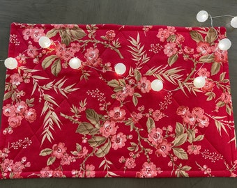 A Set of 4 Stunning Red Floral Print Handmade Quilted Placemats-Reversible! Perfect Hostess, Shower, Birthday or Mother's Day gift!