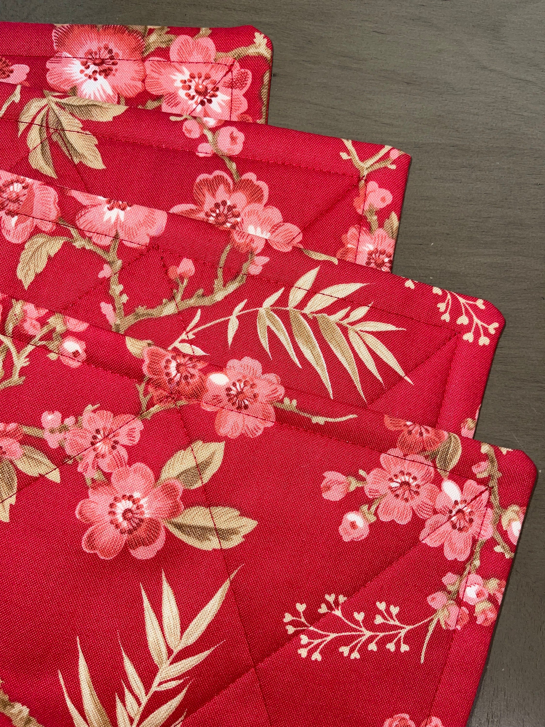 A Set of Stunning Red Floral Print Handmade Quilted Placemats-Reversible! Perfect Hostess, Shower, Birthday or Mother's Day gift!