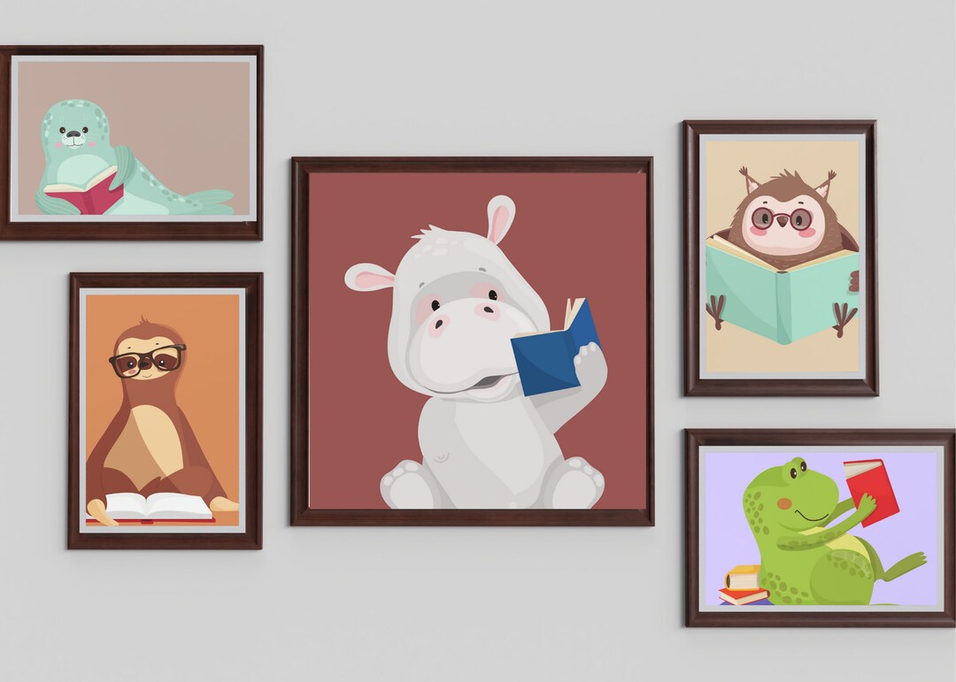 Animals Reading Wall Art, Set of 7 Printable Pdfs, Art for Kid's Room