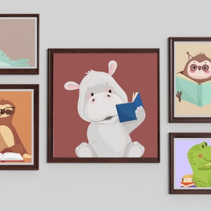 Animales leyendo arte de pared, conjunto de 7 archivos PDF imprimibles, arte para la habitación de los niños, el aula, la biblioteca y la guardería