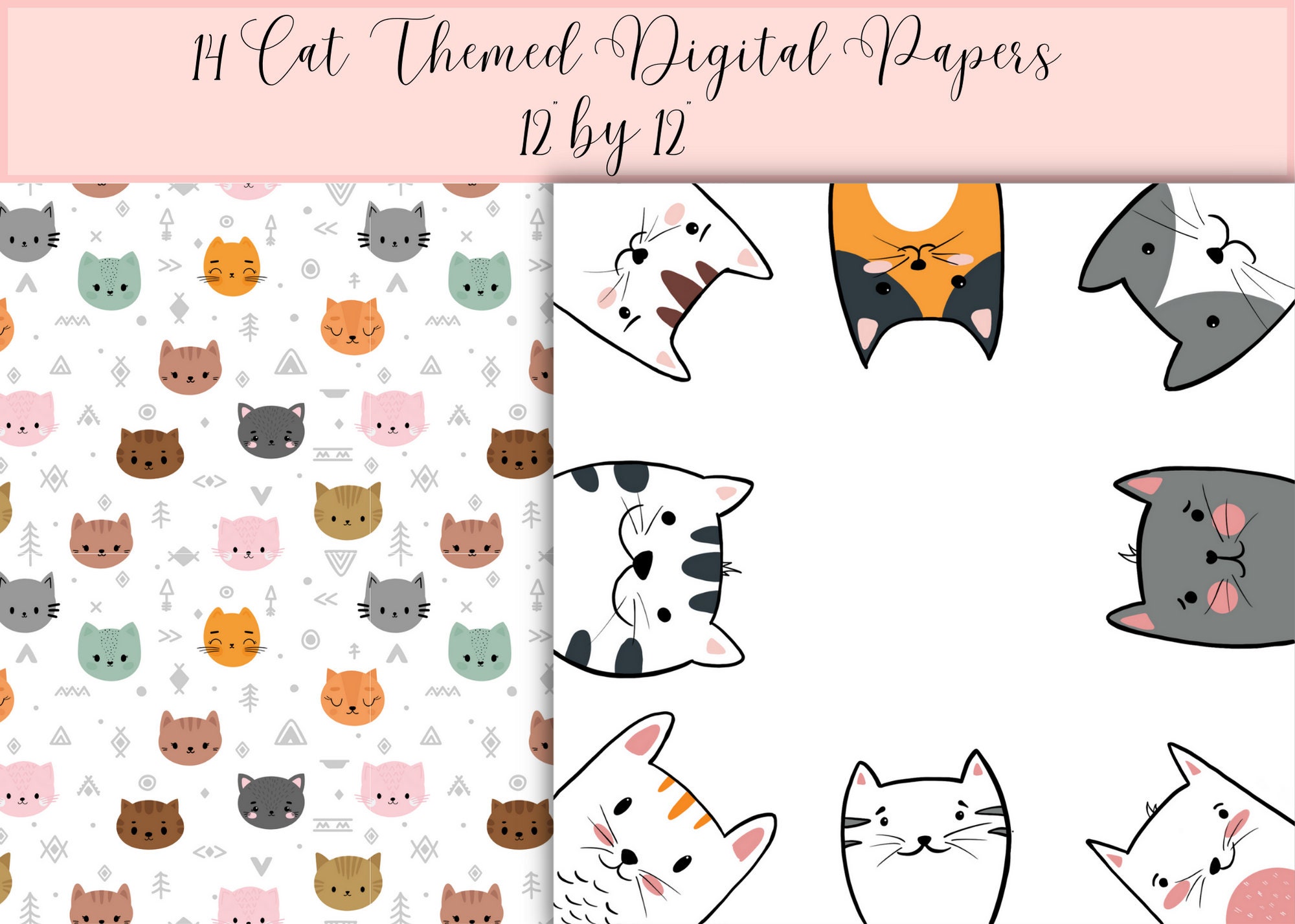 Cute Cat Themed Digital Paper Bundle, 12 by 12 Scrapbooking Paper ...