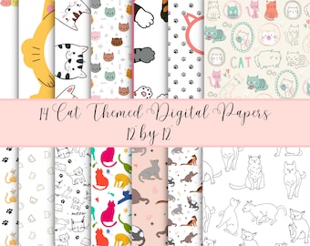 Cute Cat themed digital paper bundle, 12 by 12 scrapbooking paper, instant download, digital download