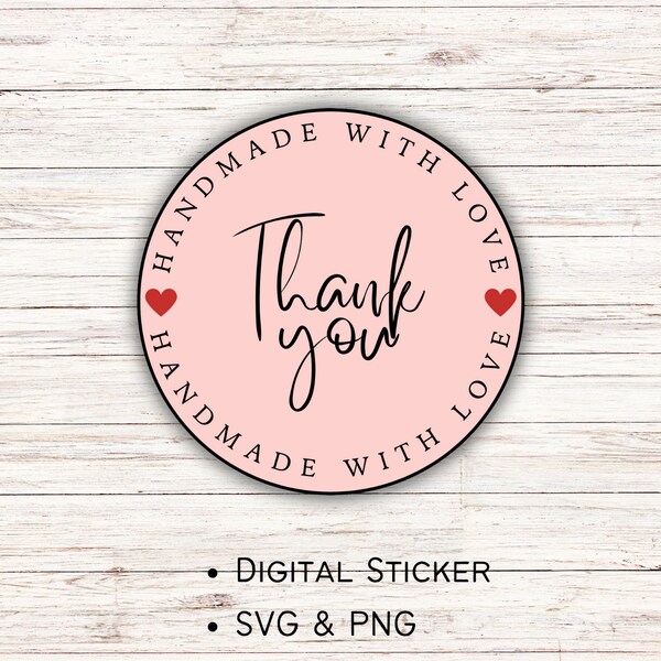 Pink Thank You Handmade with Love Stickers, SVG Digital Download, Stickers for Small Business, PNG Instant Download, Packing Label