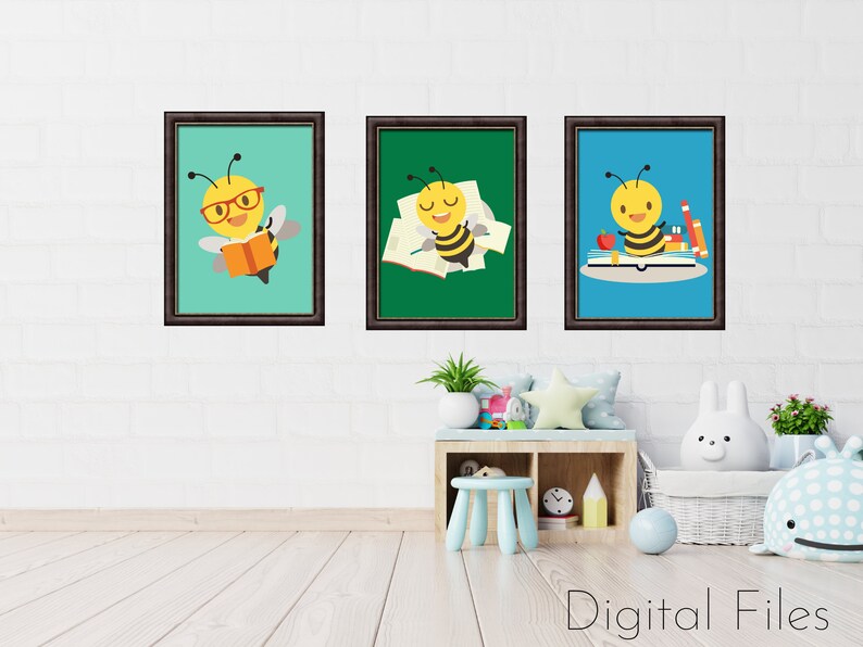 Animals Reading Wall Art, Bee Decor, Set of 6 Printable Pdfs, Art for ...
