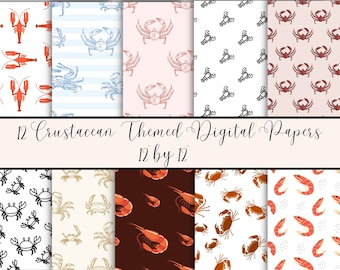 Crustacean Core Digital Paper Bundle, 12 by 12 Scrapbooking Paper, Instant download, Digital download, Crab and Lobster Paper