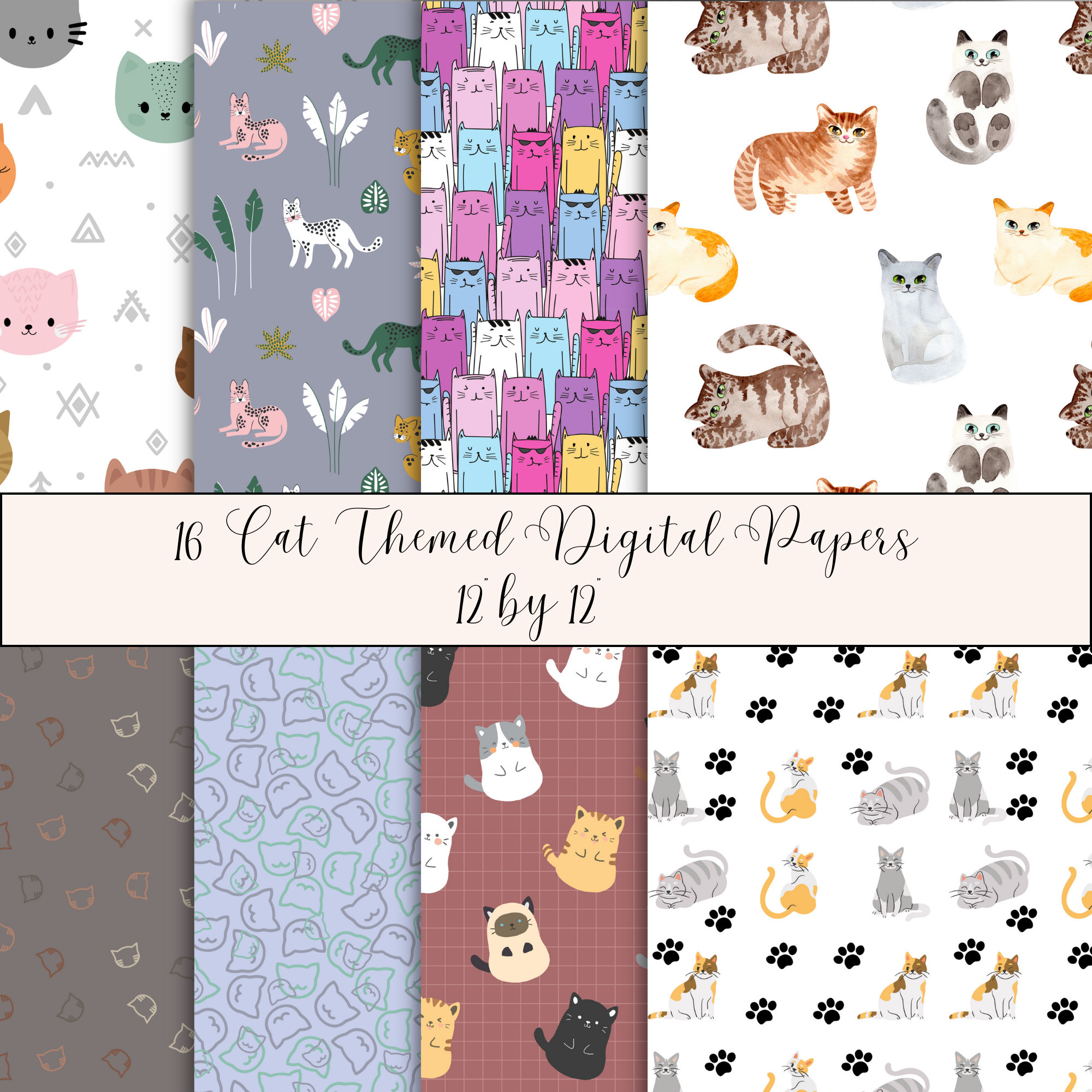 Cute Cat Themed Digital Paper Bundle, 12 by 12 Scrapbooking Paper, Cat Paper, Cat Paper, Printable Paper, Digital Paper