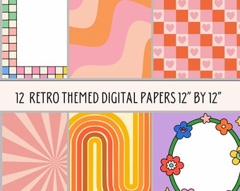 Retro Print Digital Paper Bundle, Background Digital Paper, PNG Paper, Retro Wall Art, Instant Download, Retro Prints