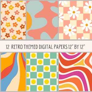 Retro Print Digital Paper Bundle, Background Digital Paper, PNG Paper, Retro Wall Art, Instant Download, Retro Prints