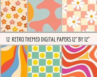 Retro Print Digital Paper Bundle, Background Digital Paper, PNG Paper, Retro Wall Art, Instant Download, Retro Prints