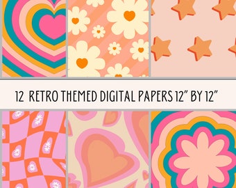 Retro Print Digital Paper Bundle, Background Digital Paper, PNG Paper, Retro Wall Art, Instant Download, Retro Prints