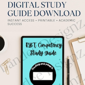 Puede incluir: Una descarga de guía de estudio digital con el texto "RBT Competency Study Guide" en la pantalla de una tableta. La imagen incluye un bolígrafo, un clip y una portapapeles. También es visible el texto "Acceso instantáneo, Imprimible, Éxito académico".