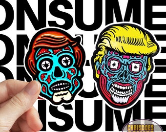 May include: Two stickers with zombie-like faces, one with orange hair and the other with yellow hair. The faces are blue and red with black outlines. The background is white with the word "CONSUME" in black repeated.