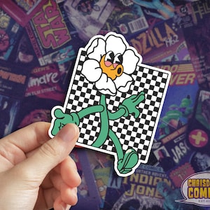 Cute Checker Flower Guy Vinyl Decal Sticker Retro Vintage Classic Cartoon Trippy Daisy Sunflower man Groovy Character