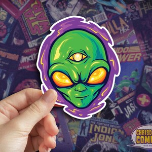 Retro Swirling Alien Head Vinyl Sticker, Retro Sticker, Ufo Sticker, Laptop sticker
