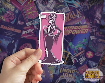 May include: A pink and purple sticker with a skeleton woman wearing a black dress and a black hat. The sticker has a spiderweb design and the text "Curves for days, boys".