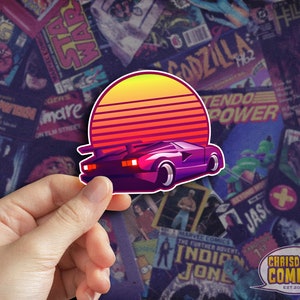 Outrun Synthwave Vaporwave Car Corvette Cyberpunk 80s 90s sun sunset Retro Decal Arcade Vinyl Sticker Water Bottle Car Laptop