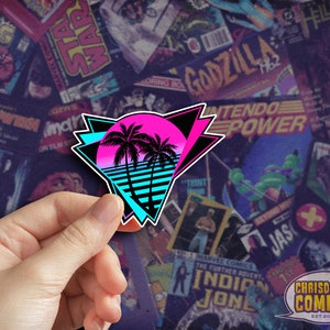 Outrun Synthwave Vaporwave Sunset Palm Tree Sun Cyberpunk 80s 90s Retro Decal Arcade Vinyl Sticker Water Bottle Car Laptop